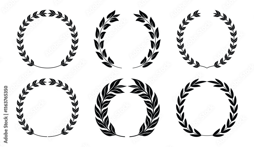 Circular laurel wreath set. Emblem floral Greek branch of oak leaves, eucalyptus leaf, Wheat, winner award, champion and flower Circular laurel wreath set. Emblem floral Greek branch of oak leaves, eucalyptus leaf, Wheat, winner award, champion and flower