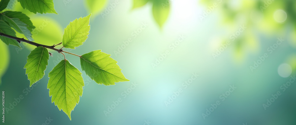 Springtime theme. Serene and natural composition featuring a close-up of fresh green leaves on a thin branch. Use for banner spring season Springtime theme. Serene and natural composition featuring a close-up of fresh green leaves on a thin branch. Use for banner spring season