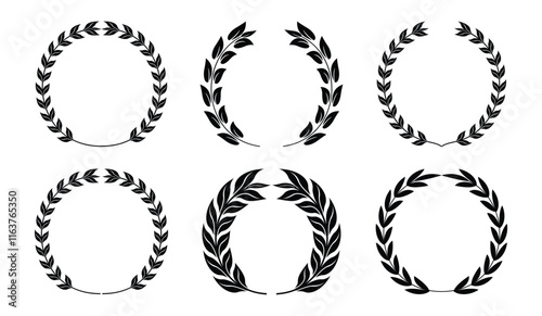 Circular laurel wreath set. Emblem floral Greek branch of oak leaves, eucalyptus leaf, Wheat, winner award, champion and flower