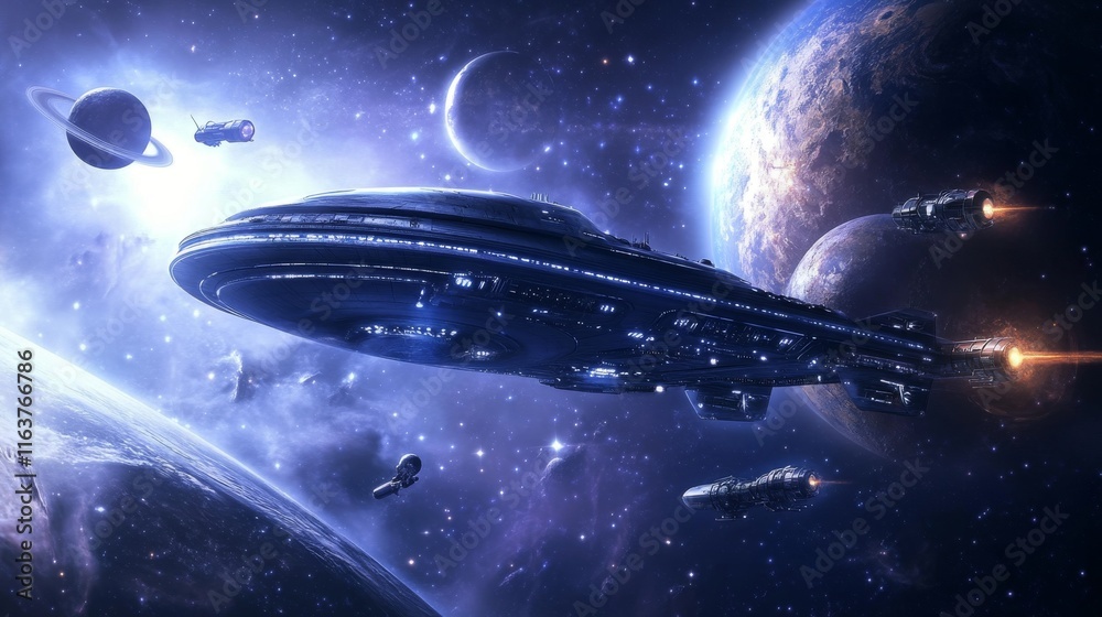 Obraz premium Space exploring icons, planets, rocket or shuttle, telescope, alien ufo with asteroid in dark starry sky. Fantasy computer game graphic design elements, cosmic objects, Cartoon vector illustration set