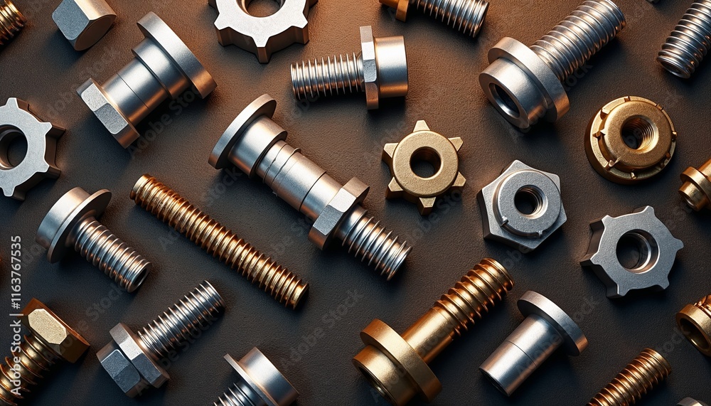 Metallic bolts and nuts arranged on a dark industrial surface. Metallic bolts and nuts arranged on a dark industrial surface.