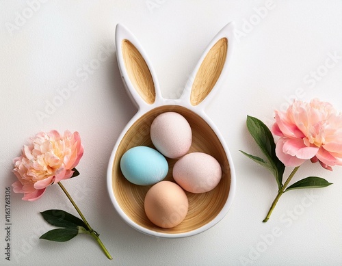 Top view of peach blossom and pastel colored Easter eggs in bowl  in shape of bunny head on white background. Generated image