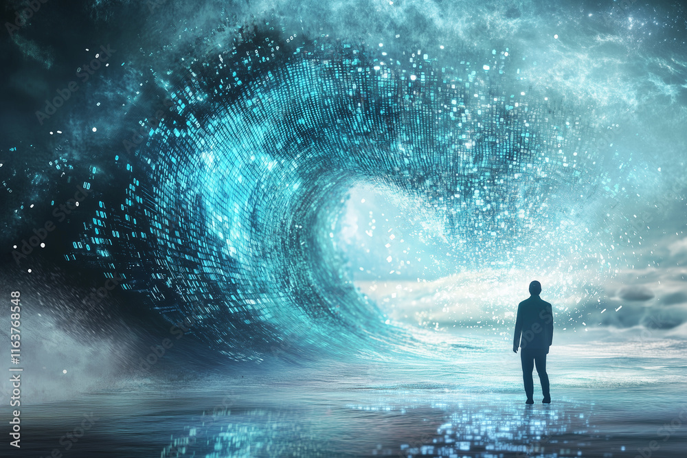 Obraz premium Data Deluge: A Digital Wave of Information and Data with Generative AI