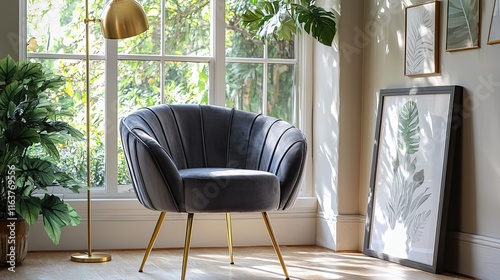 A plush gray velvet chair with golden legs and brass details placed next to a stylish floor lamp photo