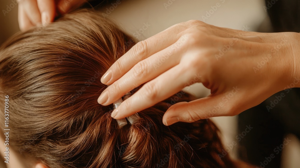 Close-Up of Hands Styling Hair with Hairpin in Natural Lighting Close-Up of Hands Styling Hair with Hairpin in Natural Lighting