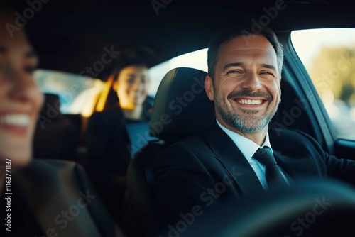 Businessman going to the office sharing car with coworkers
