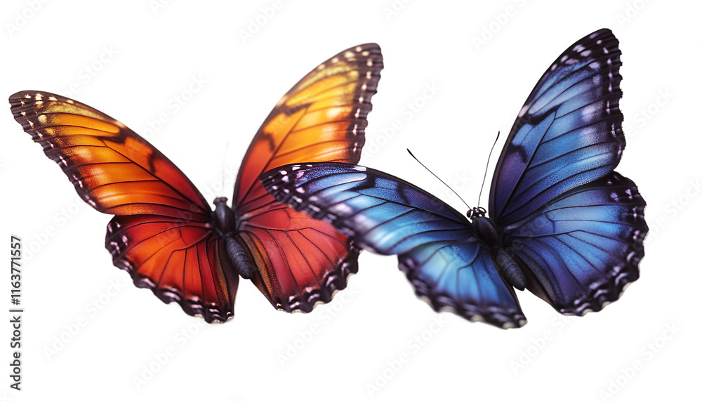 Obraz premium Two colorful butterflies with vibrant wings in mid-flight on a transparent background