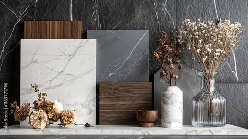 Obraz na płótnie A refined mood board with white marble, gray stone, walnut wood swatches, black stone tiles, and dark gray walls w salonie