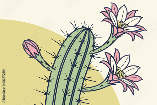 Cactus Flower: Blooming Cactus with Spines Vector Silhouette Illustration