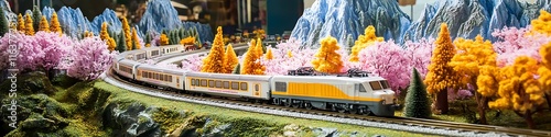 Plastic toy train moving along a scenic track surrounded by miniature trees and mountains