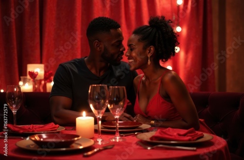 love, relationship, dating, tenderness and affection. African American couple shares intimate St. Valentine's Day dinner at warmly lit table at cozy restaurant. romantic holiday greeting card. photo