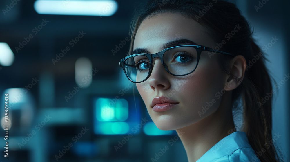 Full shot of a realistic female technician working confidently in a high-tech environment, wearing a uniform. Full shot of a realistic female technician working confidently in a high-tech environment, wearing a uniform.
