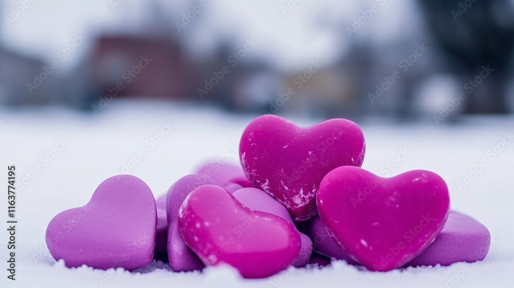 Obraz premium Purple Heart Shapes on Snow Winter Romance
