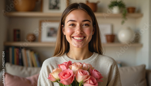 Wallpaper Mural Smiling woman holding bouquet of pink roses indoors Torontodigital.ca