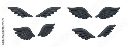 Black gothic wings, isolated pair for animal or angel. Vector set of realistic 3d icons for character appearance, personage decoration for game or shopping gift. Winged design for fairy or magician