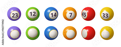 Numbered balls for gambling game bingo or billiard. Vector isolated sphere with numbers and colors, lottery lotto entertainment and fun. Realistic objects with shiny reflection, casino design