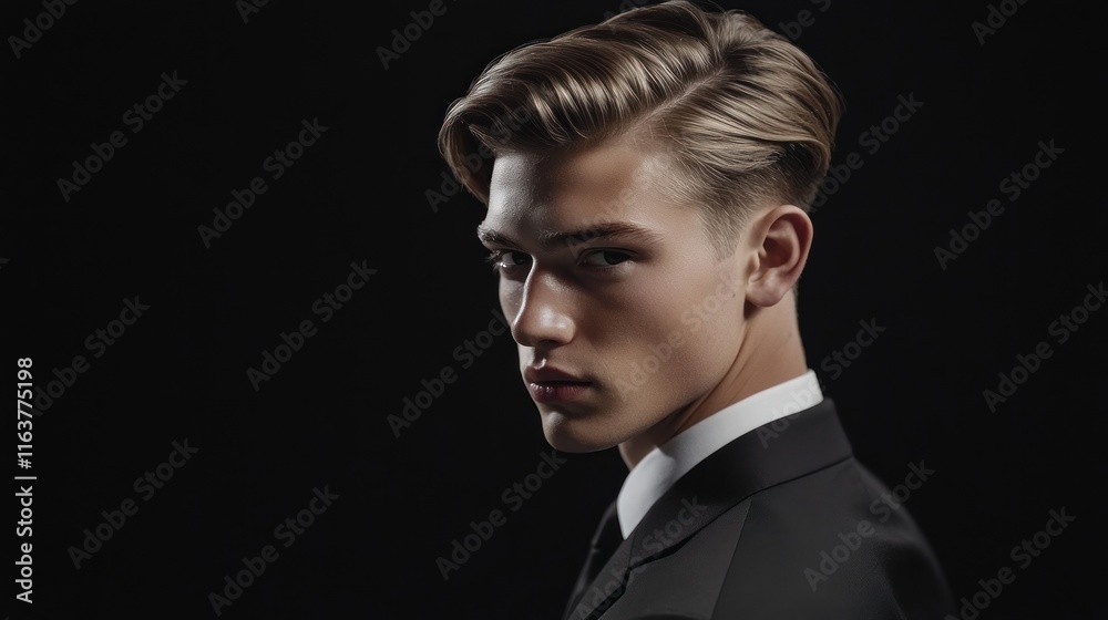 Portrait of a young man in a black suit, looking over his shoulder against a black background. Portrait of a young man in a black suit, looking over his shoulder against a black background.