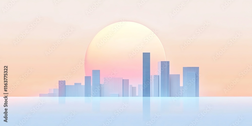 Fototapeta premium Serene cityscape at sunset. Minimalist pastel colors, calm ocean reflection. Ideal for backgrounds, websites, and design projects.
