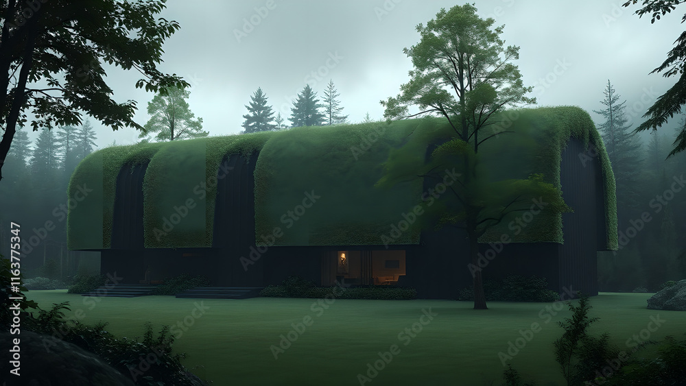 A unique forest house with a roof entirely covered in greenery, surrounded by misty trees, soft grass, and an atmosphere of peace and seclusion. A unique forest house with a roof entirely covered in greenery, surrounded by misty trees, soft grass, and an atmosphere of peace and seclusion.