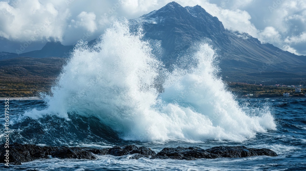 Fototapeta premium Dramatic ocean wave crashing on rocks near mountain.