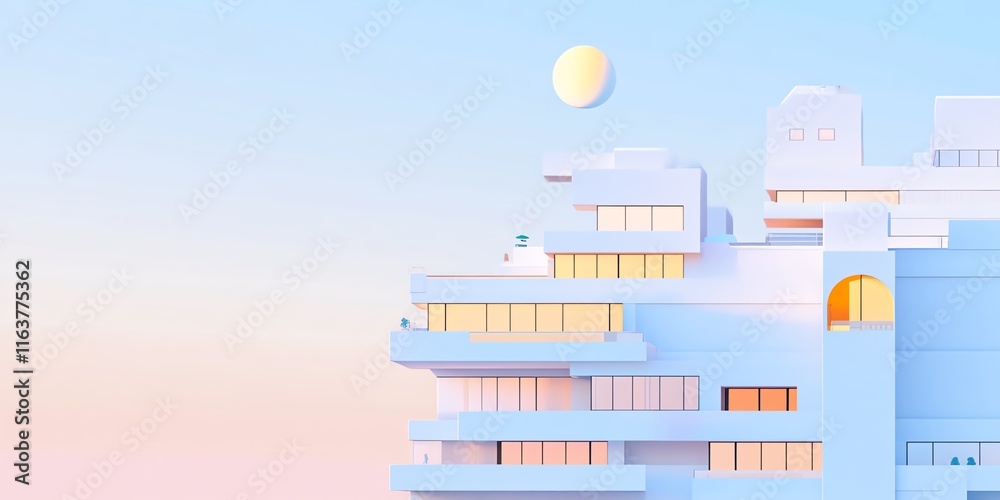 Fototapeta premium Pastel-colored modern building at sunset. Minimalist architecture and serene sky. Ideal for design, travel, and real estate projects.