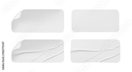 Blank glued stickers with copy space. Vector isolated realistic paper notes with crumpled and wrinkled texture. Surface of labels or pricetags with glue and folding bend corner. Clean and curled badge