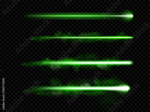 Laser strike with bright shiny sparkles, isolated realistic set of horizontal green lines with vapor. Vector industrial flash, sparks and surface impact. Futuristic weapon or engraving ray