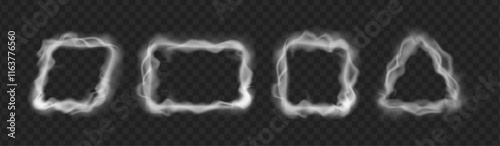 Foggy frames and smoky borders, realistic empty banners forms. Isolated empty containers made of mist or smoke, fume or vapor. Triangle and rhombus, rectangle and square geometric shapes