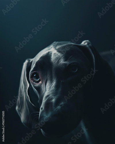 Head of a weimaraner dog against a dark background. Low key lighting.