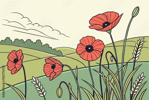 Poppy Field: Graceful Poppies Swaying in the Wind Vector Illustration