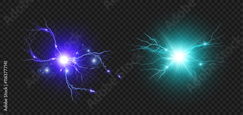 Round lightning with sparks and thunderbolts. Vector isolated realistic set of powerful electrical discharge, plasmic spheres with energy and power. Forceful natural effect, plasma ball
