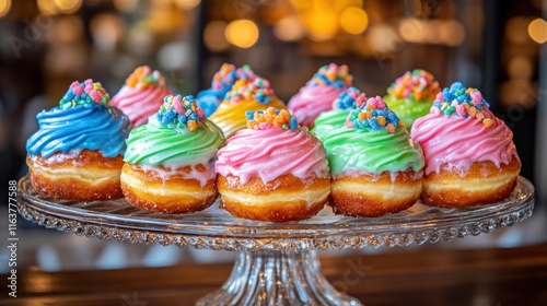 Colorful, frosted mini donuts with sprinkles on a glass cake stand.