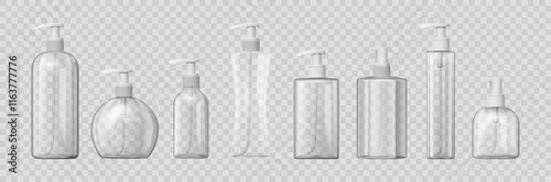 Plastic bottles with dispenser airless pump, isolated realistic set of containers. Vector transparent background, glass package with press caps. Cosmetics and body care products mockups
