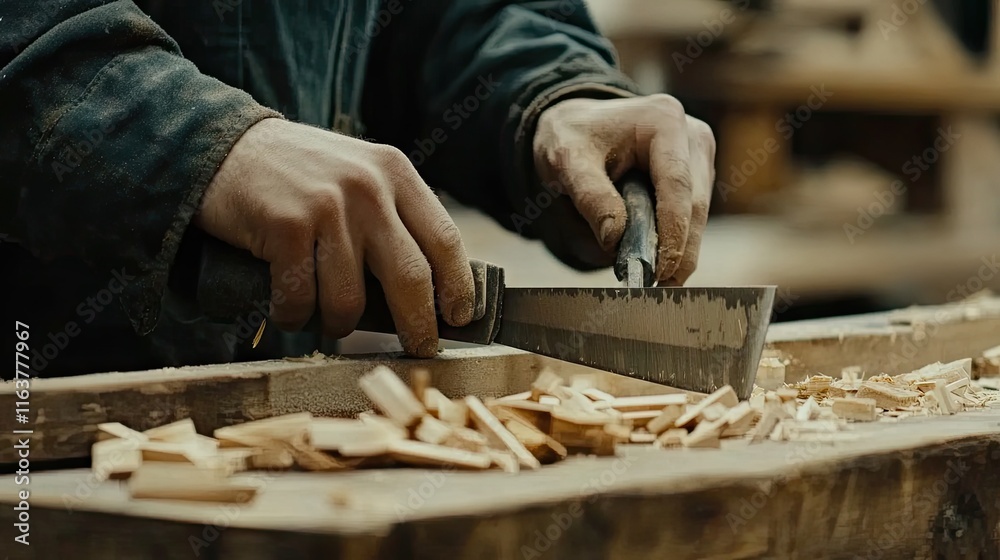 Hands Using Hand Tools for Woodworking with Shavings and Sawdust