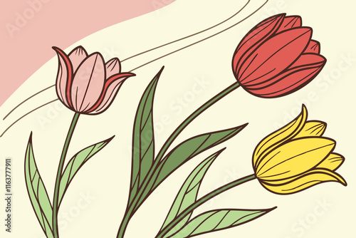 Tulip Trio: Three Tulips in a Row Vector Illustration on White Background