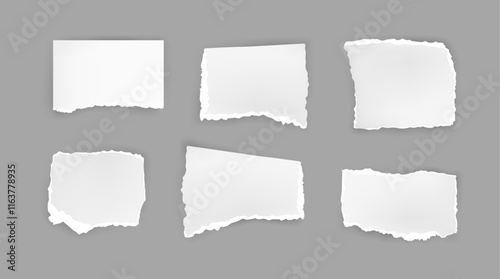 Empty blank torn pages with uneven ends and edges. Vector sheet of ripped pieces, squares and rectangles for banners and copy space. Geometric sticky notes, notebook or document fragments