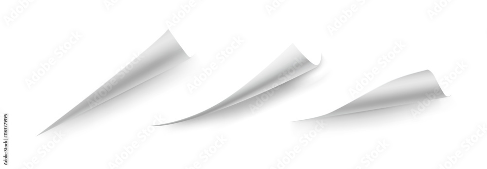 Curled corners of book leaf mockup. Vector a4 paper edges, curve pages endpoints and bent document angles with realistic shadow. Folded piece of blank sheet, rolled up or warped parchment or brochure