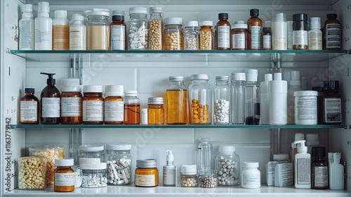 Full medicine cabinet with various pills, bottles, and containers.