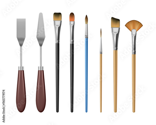 Artist kit for painting on canvas, isolated realistic knife and spatula for strokes. Vector 3d brushes with different bristle thicknesses. Equipment for art school or lessons in university