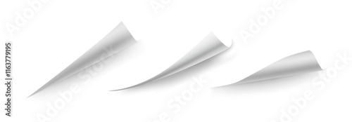 Curled corners of book leaf mockup. Vector a4 paper edges, curve pages endpoints and bent document angles with realistic shadow. Folded piece of blank sheet, rolled up or warped parchment or brochure