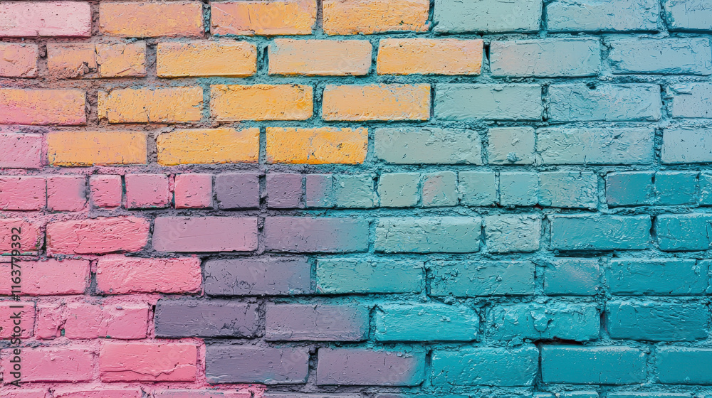 Fototapeta premium Colorful painted brick wall with a gradient of pastel shades from pink to orange to blue, creating a vibrant abstract background for creative projects