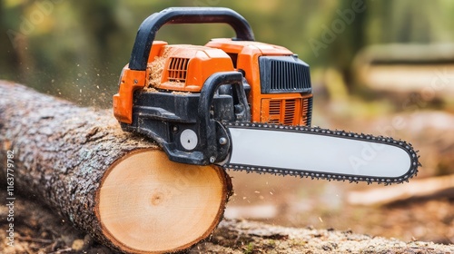 High-Performance Chainsaw Cutting Through Fresh Timber Log photo