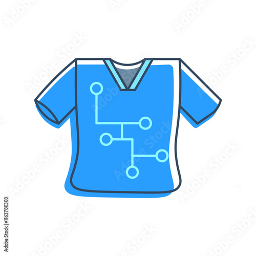 The smart clothing is blue with a circuit-like pattern, which represents wearable technology in clothing. relevant to smart textiles, wearable technology and the future of fashion.