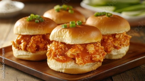 National Hamburger Month Delicious buffalo chicken sliders topped with green onions on a wooden plate