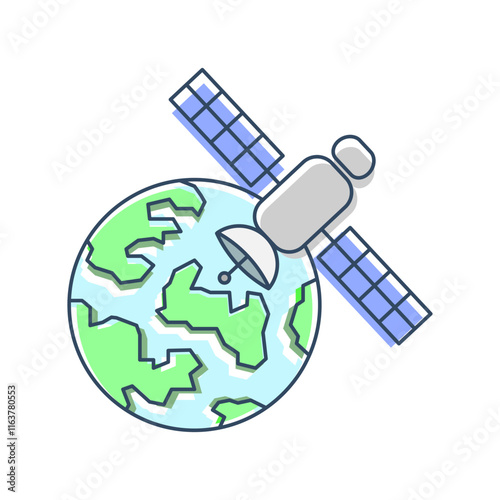 Satellite orbiting the earth with solar panels and dish antenna, symbolizing communication and space technology. Earth is shown with green land and blue oceans