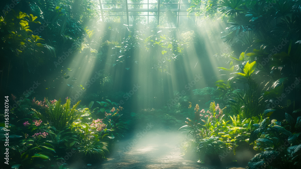 Obraz premium A futuristic botanical garden, with plants struggling amidst a smoky haze, a hauntingly beautiful scene of nature in a polluted environment, with ethereal light and a touch of mystery.