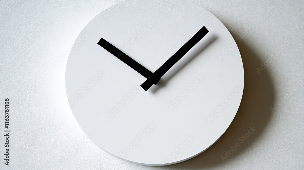 Modern Minimalist Wall Clock with Black Hands on White Background Modern Minimalist Wall Clock with Black Hands on White Background