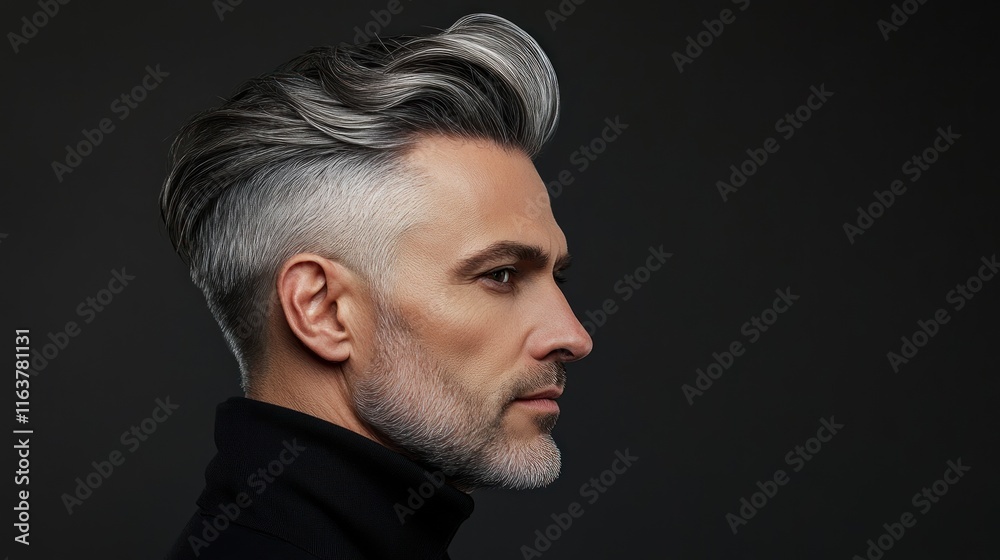 Profile of a mature man with stylish gray hair and beard, wearing a black turtleneck. Profile of a mature man with stylish gray hair and beard, wearing a black turtleneck.