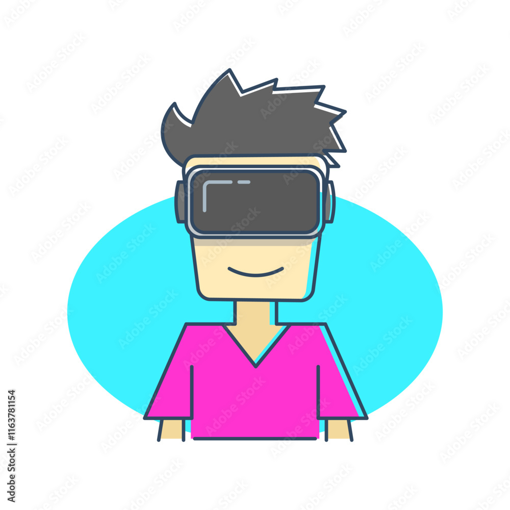 A character wears a virtual reality (VR) headset. This character has spiky hair and wears a pink shirt. Her facial expression shows enjoyment and involvement in the virtual world. A character wears a virtual reality (VR) headset. This character has spiky hair and wears a pink shirt. Her facial expression shows enjoyment and involvement in the virtual world.