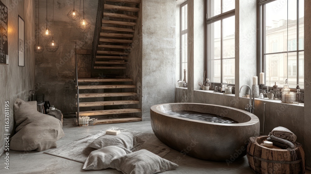 Luxurious industrial bathroom with freestanding tub, wooden staircase, and large windows. Luxurious industrial bathroom with freestanding tub, wooden staircase, and large windows.